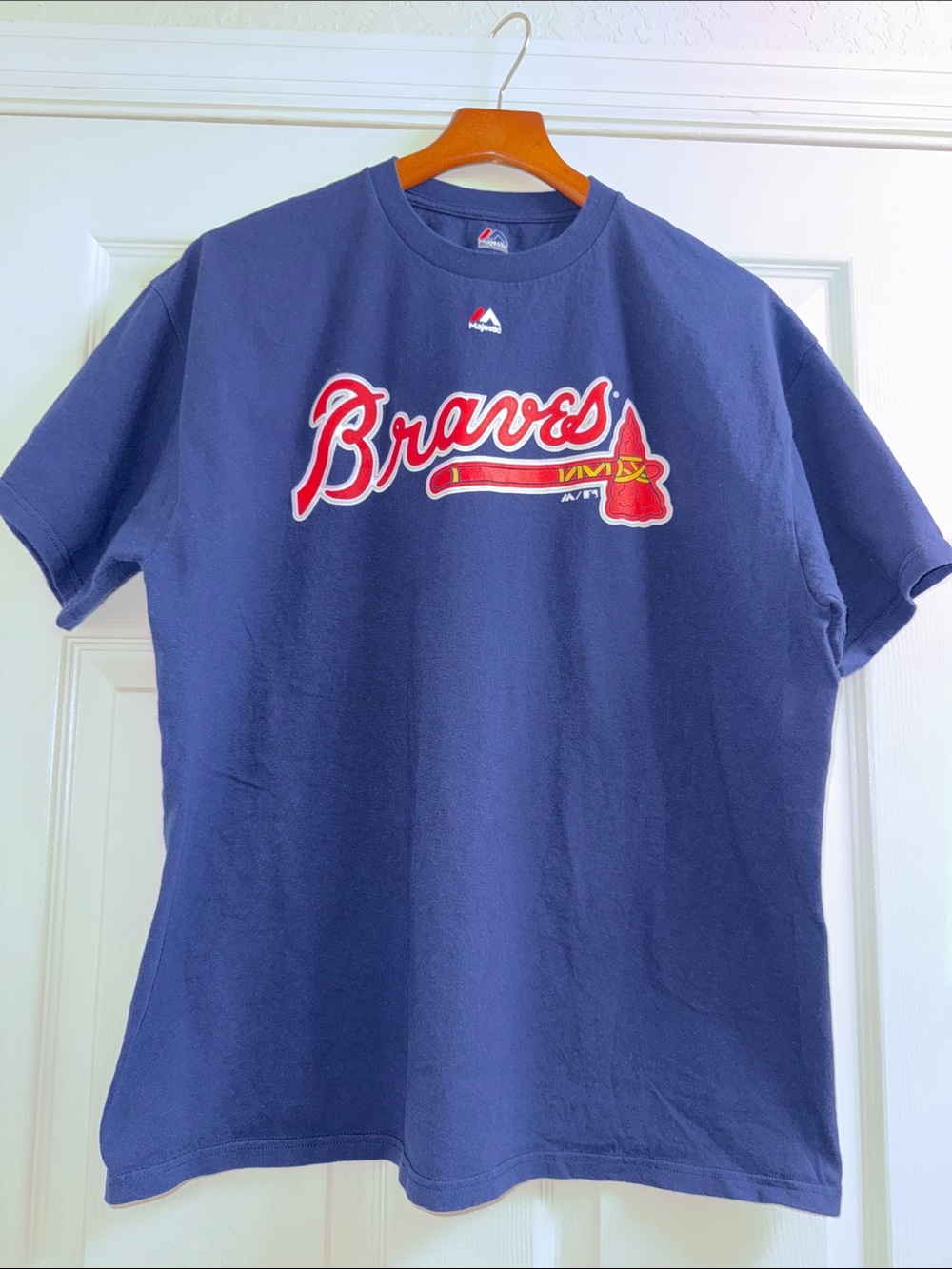Majestic Navy Braves Script Tee with Red Accent